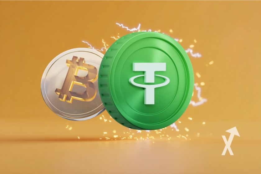 stablecoin tether en vert avec un Bitcoin gris derrière sur un fond jaune et de l'électricité autour