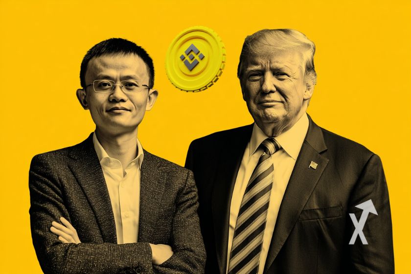 CZ et Donald Trump sur un fond jaune avec un coin 3D du jeton de Binance BNB