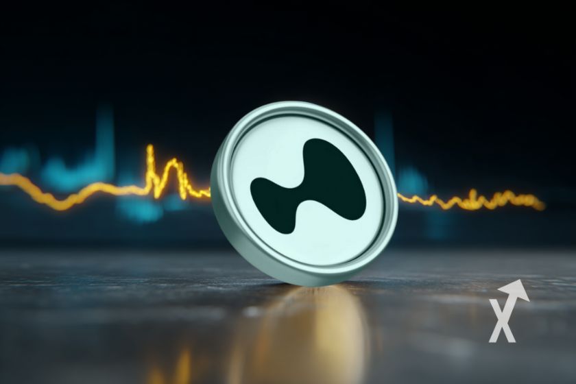 coin de Hyperliquid HYPE sur un fond noir avec une trendline jaune et un sol gris