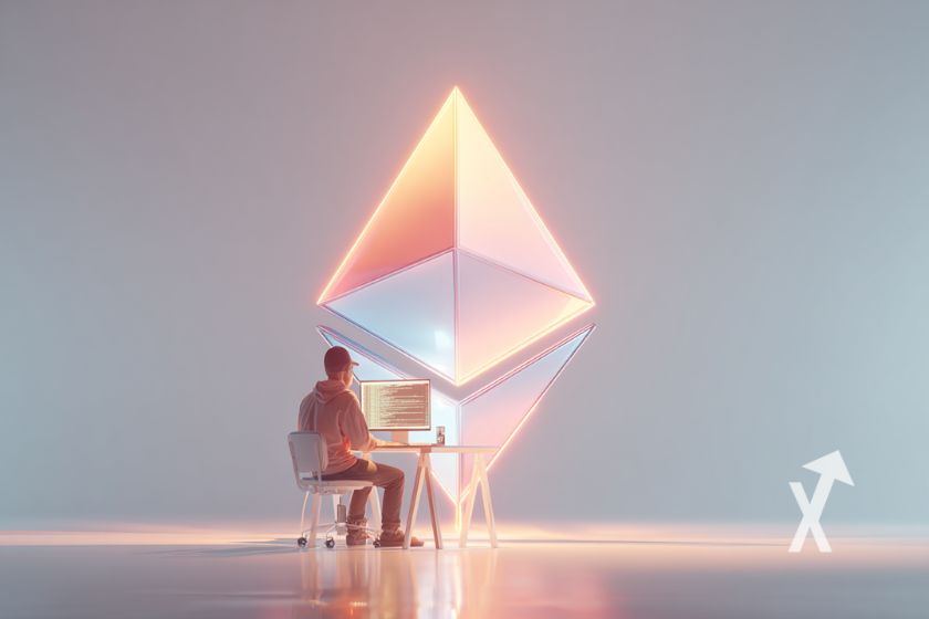 Ethereum logo en rose transparent avec un trader sur son bureau et devant son pc allumé, fond gris