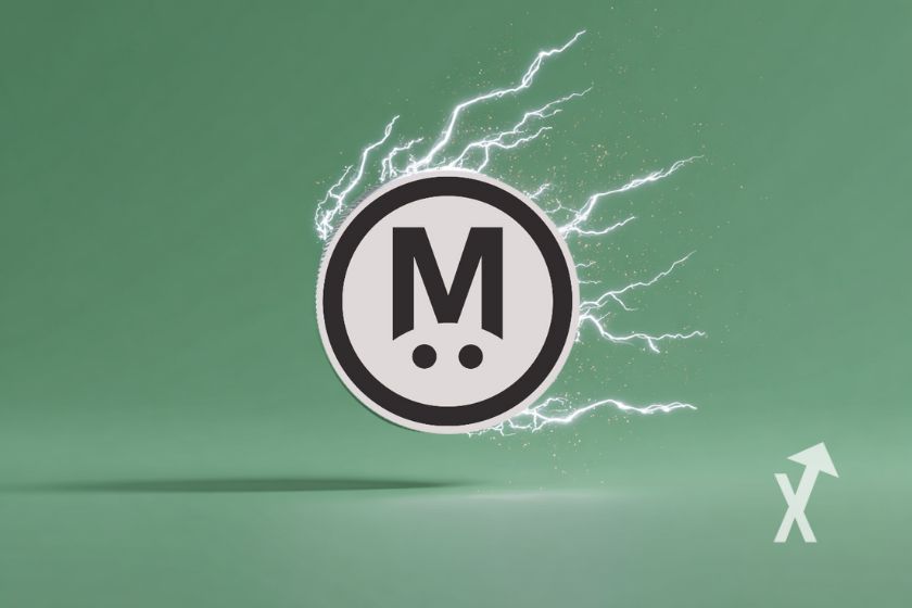 coin de MegaETH avec électrcitité autour du jeton sur un fond vert