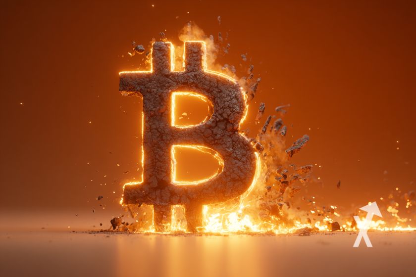 bitcoin logo en feu en orange sur un fond orange avec de la fumée et des projections de pierre