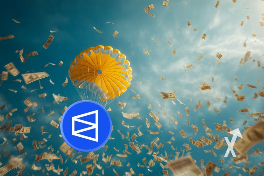 jeton polymarket attaché à un parachute dans le ciel avec de billets dollars qui volent