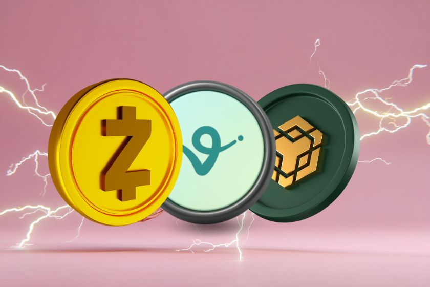 coins de Zcash virtual et BNB sur un fond rose avec de l'électricité derrière les jetons