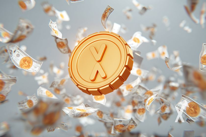 jeton XRP en jaune dans un ciel gris avec des billets dollars partout dans les airs