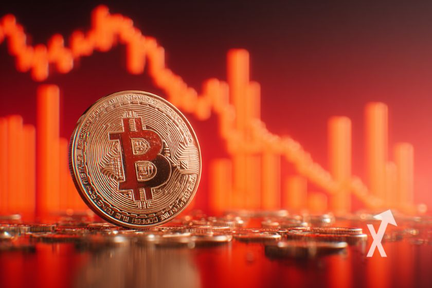 Botcoin coin avec une trendline price en rouge et une ambiance rouge et des jetons cryptos au sol