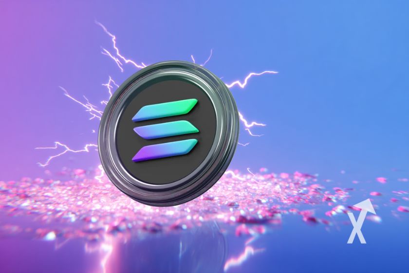 jeton SOL de Solana en noir avec de l'électricité autour et de la lumière rose en dessous surun fond violet