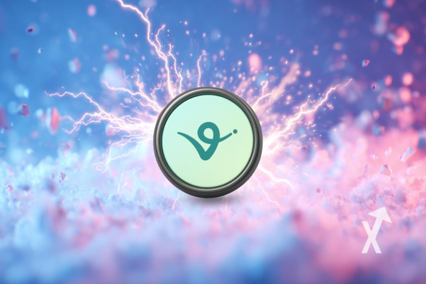 jeton de la crypto VIRTUAL sur un fond rose et bleu avec de la funée rose et de l'électricité