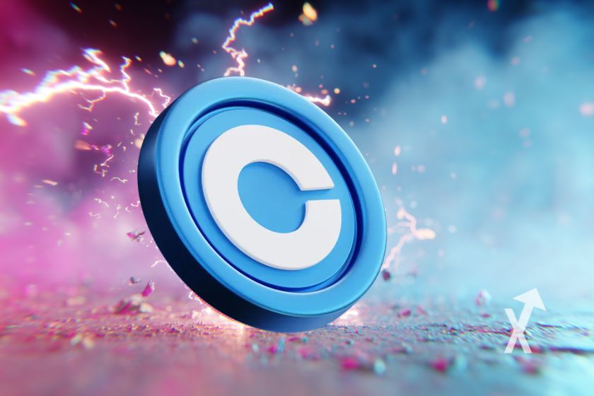 Jeton COIN de COinbase sur un fond rose et bleu avec de l'électricité autour du jeton et de la fumée rose et bleu en fond