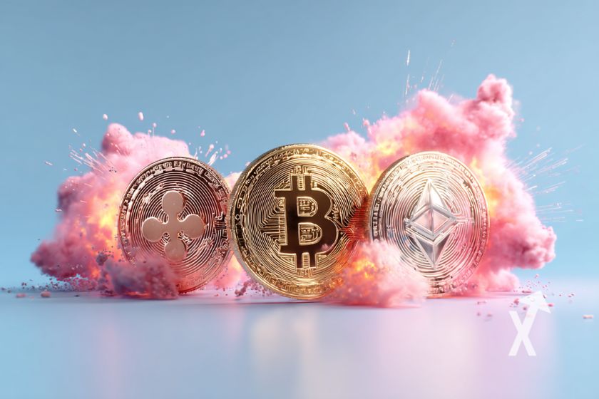 3 cryptos tokens BTC ETH et XRP sur un fond bleu avec des explosions de fumées roses