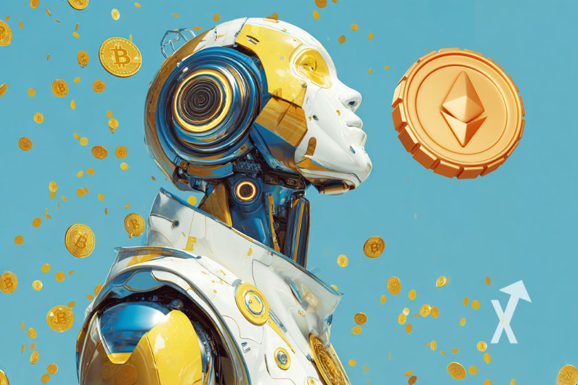 Robot IA avec un fond bleu et des Bitcoin coins et un jeton Ethereum dans les airs