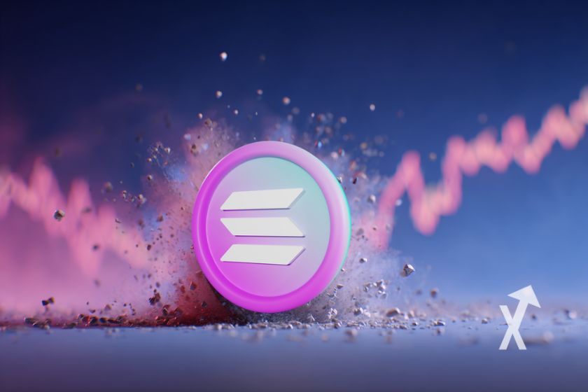 coin du Solana en rose avec trendline rouge en fond et fond bleu avec de la fumée autour