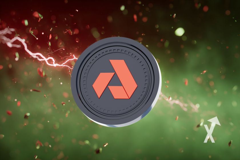 coin AKT de Akash en noir sur un fond vert et rouge avec un éclaire rouge derrière