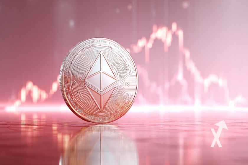 Ethereum coin en rose sur un fond rose avec trendline rose