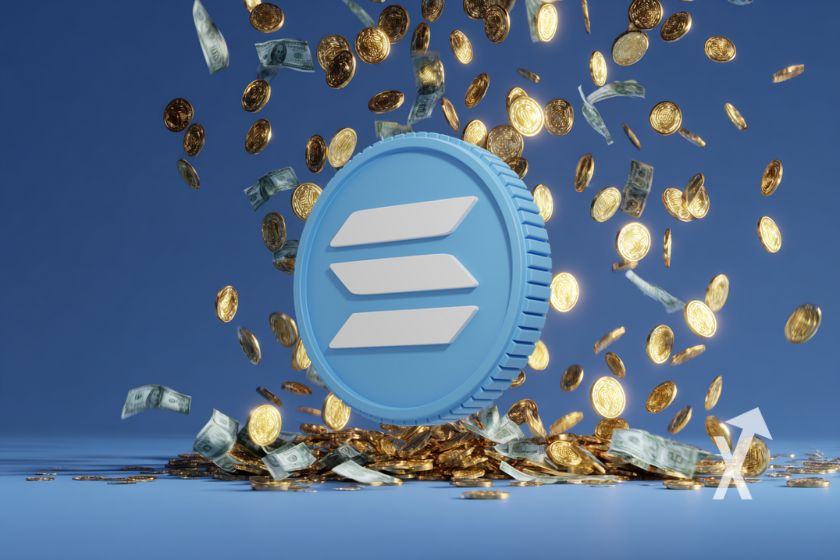 Jeton Solana en bleu avec des pièces et des billets dollars en fond sur un fond bleu