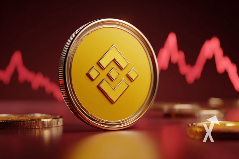 coin du BNB en jaune sur un fond rouge avec trendline price en rouge derrière