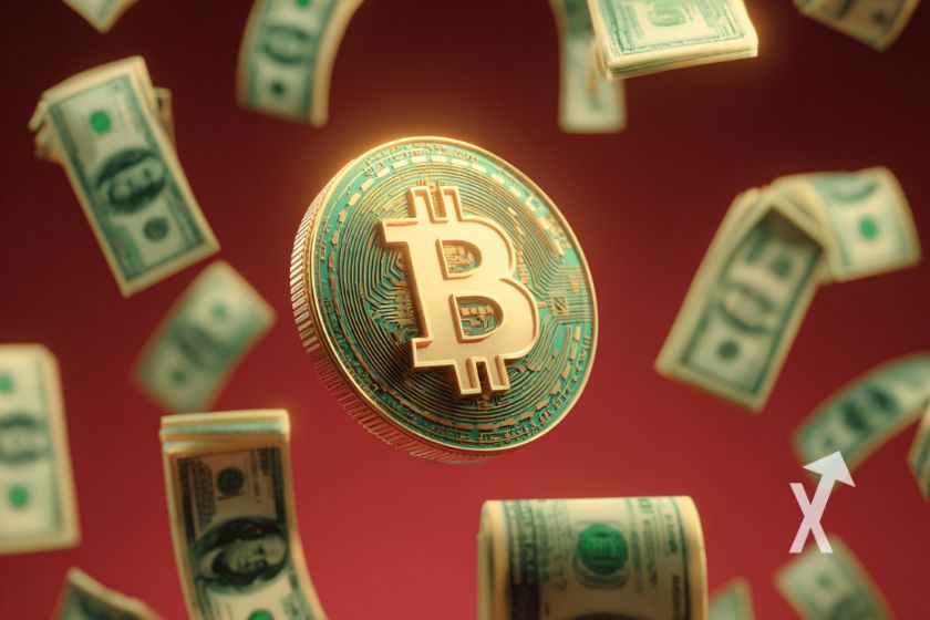 bitcoin coin au centre sur fond rouge avec billets dollars