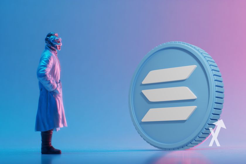 Homme masqué sur un fond bleu et rose avec un jeton Solana en bleu