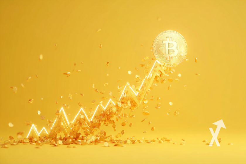 bitcoin qui explose vers le haut avec une trendline jaune en fumée sur un fond jaune