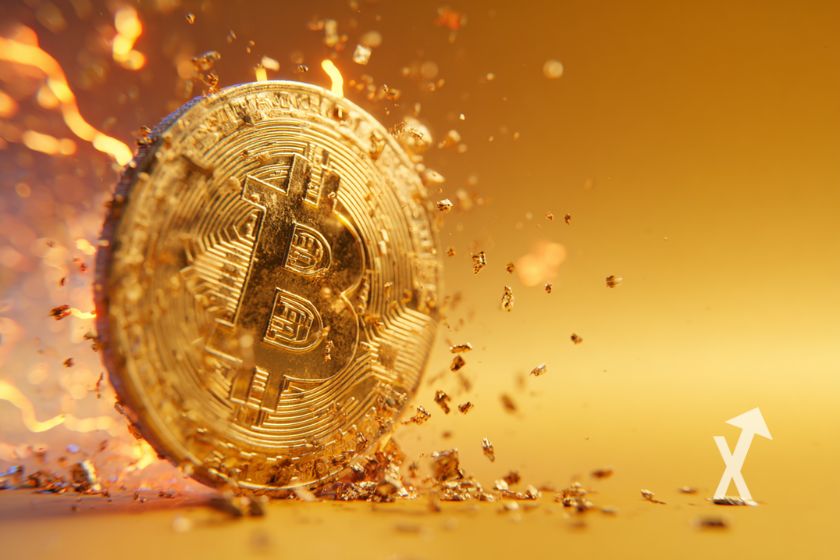 Bitcoin coin qui se désintègre sur un fond jaune