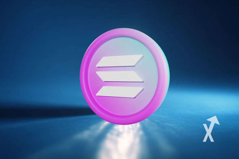 jeton rose Solana sur un fond bleu avec de la lumière blanche par derrière