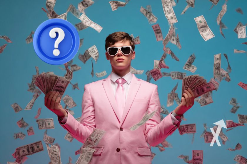 Homme avec un costume rose et des lunettes qui tiens des billets dollars sur un fond bleu