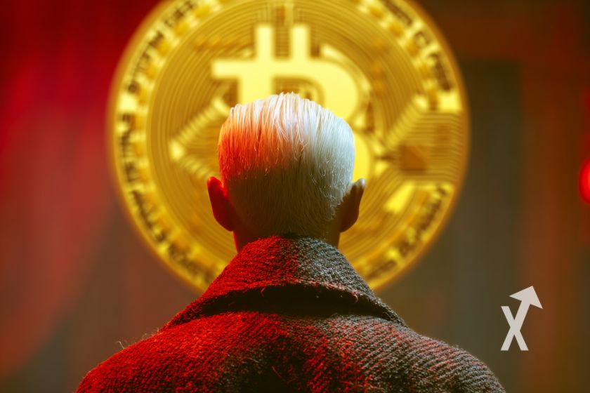 homme avec cheveux blanc de dos dans une pièce rouge et un Bitcoin en or accroché au mur