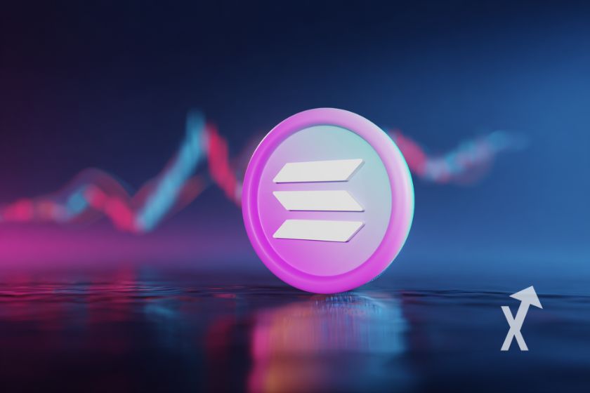 Coin Solana en rose avec fond bleu nuit et une trendline de prix rose