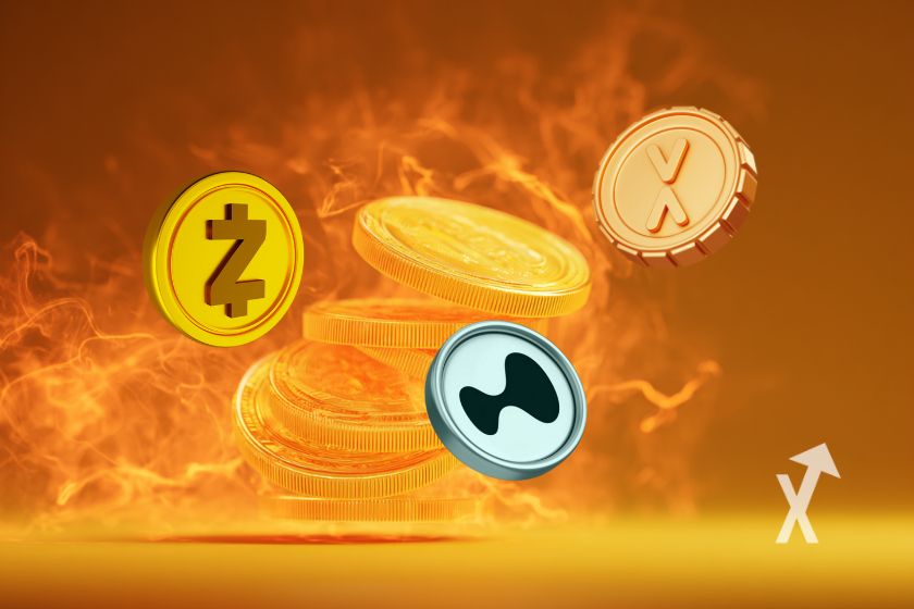3 cryptos tokens xrp hype et zec sur un fond orange avec de la fumée et des coins en or empilés