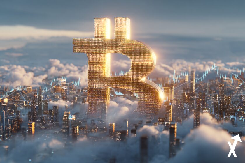 bitcoin btc flying above a gital charts city crypto