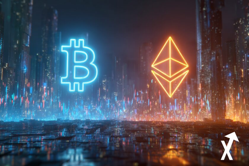 eth btc glowing in orange and blue backgound futuristic city crypto bitcoin ethereum