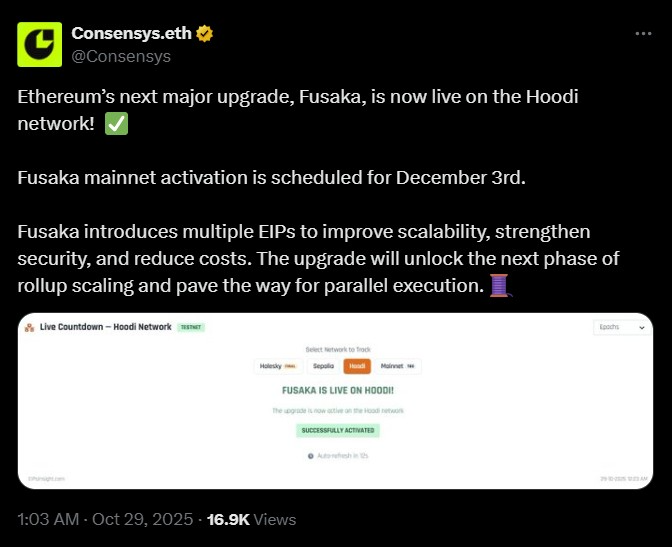 tweet à propos de la mise à jour Fusaka d'ethereum