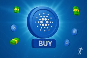 Le logo Cardano illuminé en bleu au centre avec le texte "BUY", des liasses de billets verts, des petits logos ADA et un fond bleu