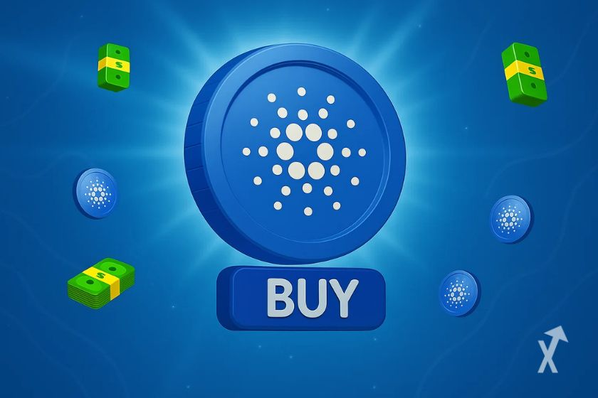 Le logo Cardano illuminé en bleu au centre avec le texte "BUY", des liasses de billets verts, des petits logos ADA et un fond bleu
