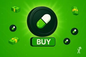 Des tokens noirs avec le logo PUMP, des liasses de billets, un bouton "BUY" et un font vert flashy