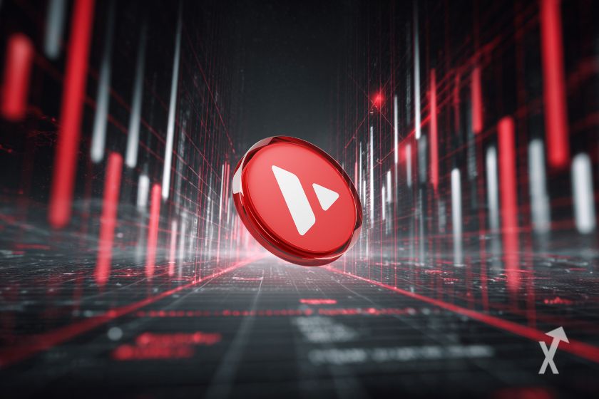 Le token AVAX centré avec un fond de graphique technique avec des bougies rouges et blanches