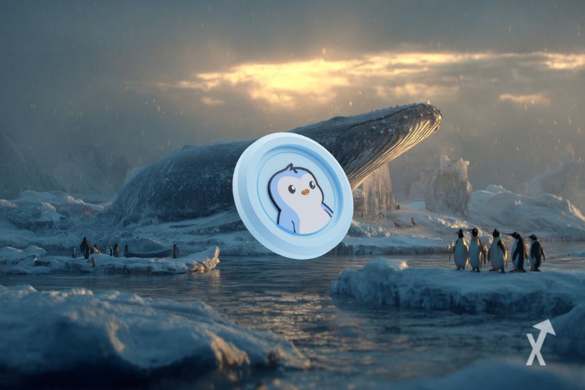 Une énorme baleine sur un glacier avec des pingouins autour et le token PENGU au centre