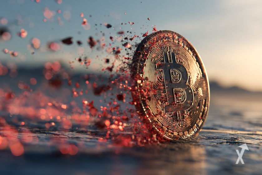 Une pièce de Bitcoin au sol avec des étincelles rouges autour