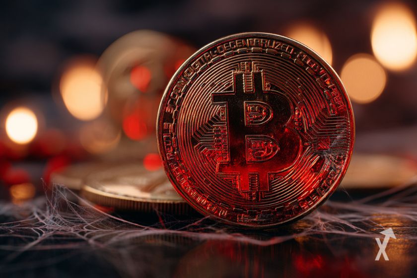 Une pièce de Bitcoin entourée par une toile d'araignée avec un reflet rouge