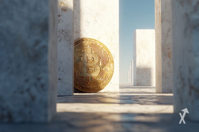 Une pièce de Bitcoin entourée de murs blancs