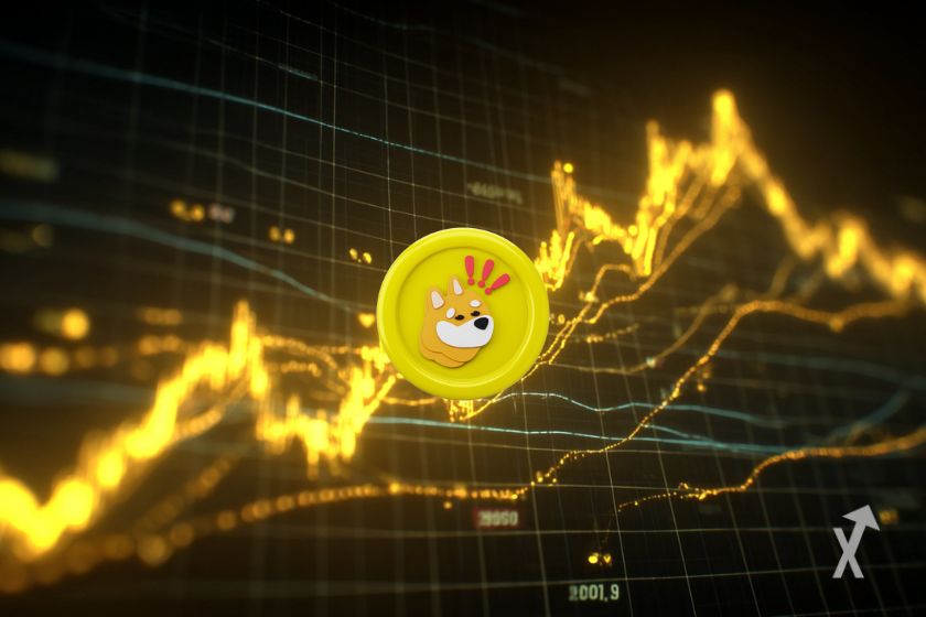 Un token jaune avec le logo de BONK sur un graphique jaune