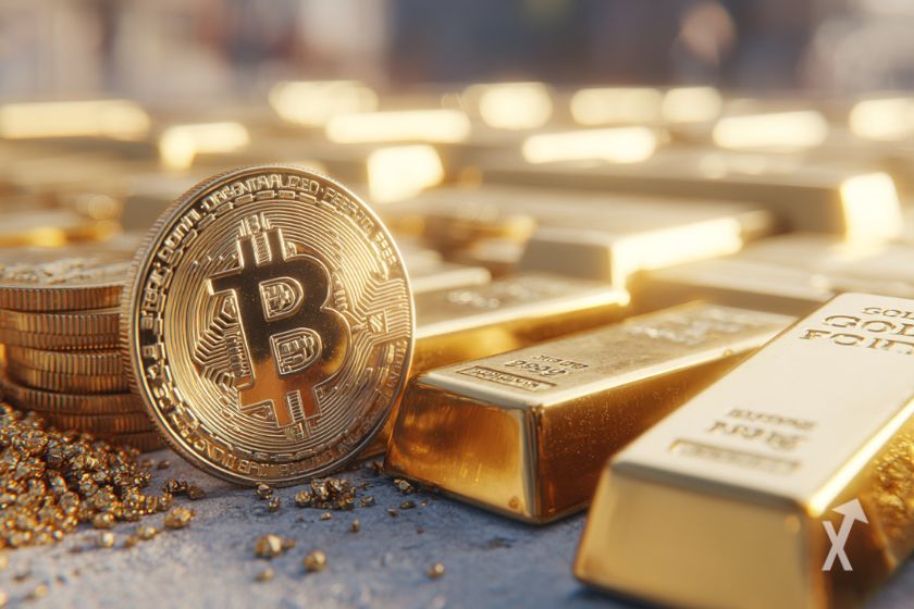 Des pièces de Bitcoin entourées de lingots d'or