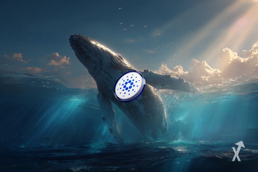 Une baleine géante tentant de sortir de l'eau avec le token Cardano