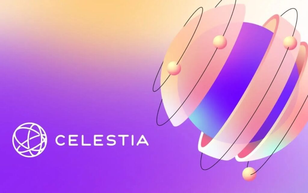 Le logo de Celestia sur une bannière avec un fond dégradé du jaune au violet