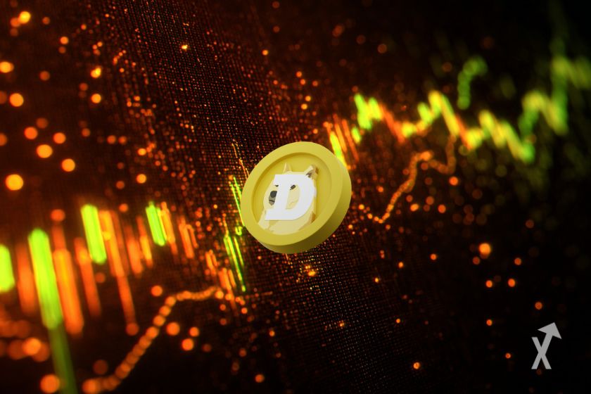 Un graphique technique vert et orange en fond d'un token DOGECOIN jaune