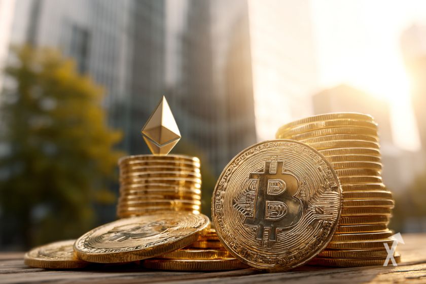 Des pièces de BTC empilées à l'air libre avec un logo ETH en or