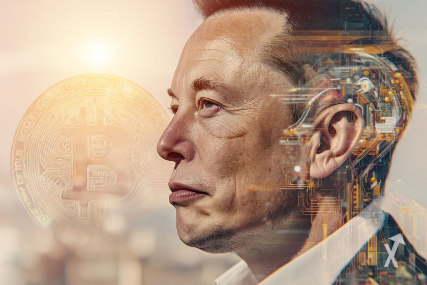 Le visage d'Elon Musk avec le logo Bitcoin à sa gauche