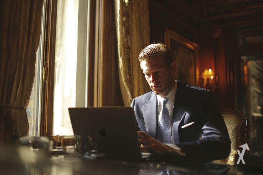 Eric Trump travaillant sur un ordinateur portable dans une belle chambre