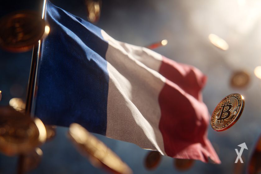 Le drapeau français entouré des pièces de Bitcoin