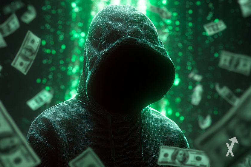 Le fondateur de Meteora représenta avec un pull à capuche entouré de billets sur un fond vert